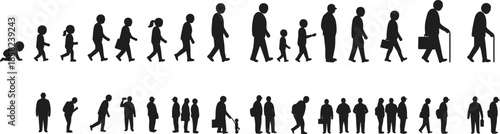 Human life cycle silhouette, people aging evolution, childhood to old age, growth stages illustration, generational change, life journey concept