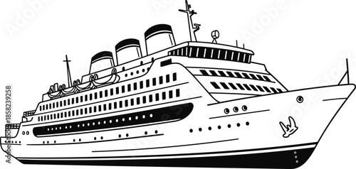 Luxury cruise ship illustration, black and white ocean liner drawing, passenger vessel artwork, maritime transport design, nautical travel graphic, sea journey concept