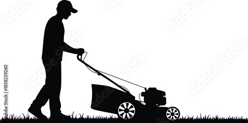 Lawn mowing silhouette, vector gardening icon, grass cutting clipart set, landscaping design, outdoor work art, lawn care illustration pack, garden maintenance graphic collection