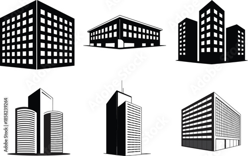 Modern black and white building icon set, city skyscrapers vector illustration, commercial architecture silhouette, real estate urban design template