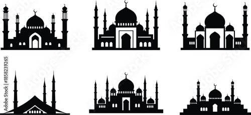 Islamic mosque silhouette collection, religious building icons, Muslim architecture vector, crescent moon design, prayer place symbol, masjid clipart, spiritual illustration 