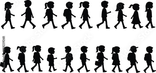 Kids walking silhouette collection, children school vector art, boys and girls walking, school kids group, student silhouettes, cad drawing flat vector illustration