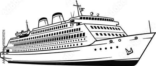 Luxury cruise ship illustration, black and white passenger liner drawing, ocean travel design, large vessel graphic, maritime transport artwork, nautical theme
