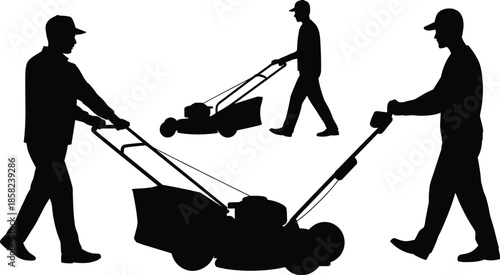 Lawn mowing silhouette vector set, black gardening and landscaping worker designs for outdoor maintenance art, yard care illustration, and groundskeeping graphics