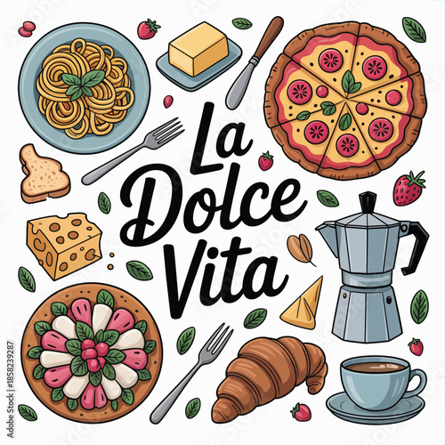 La dolce vita italian food and coffee lifestyle illustration Vector