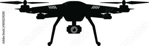 Modern drone silhouette with camera, advanced quadcopter technology, aerial UAV device, unmanned flying camera, cad drawing flat vector illustration