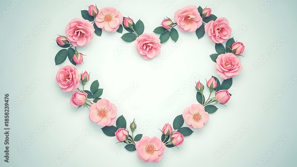 Obraz premium Heart shaped wreath of pink roses and leaves
