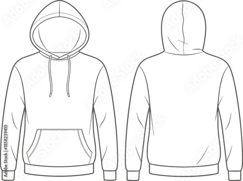 Men's pullover hoodie front and back flat sketch with kangaroo pocket, drawstring hood, ribbed cuffs and hem technical fashion drawing
