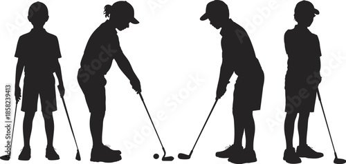 Kids playing golf silhouette, children golfing together, junior golfers, outdoor sports activity, boys and girls golfing, learning golf, youth sports, fun game, golfing practice, summer sports
