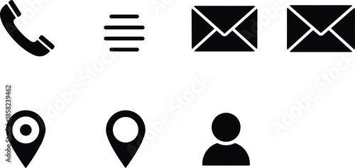 Minimal black contact icons set including phone, email, location, user, and menu for web, mobile UI, and digital interfaces.