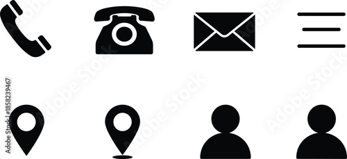 Modern black contact icons set with phone, location, email, user, and menu symbols for web design and mobile applications.