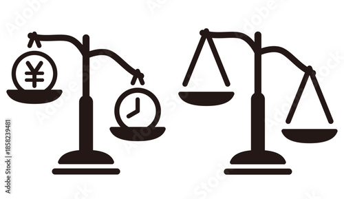 お金と時間で傾く天秤のアイコンセット