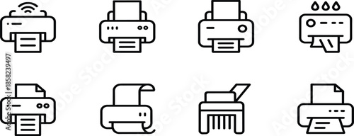 Printer and office document equipment line icon set, wireless printing symbols, paper shredder, scanner, and photocopy machine elements