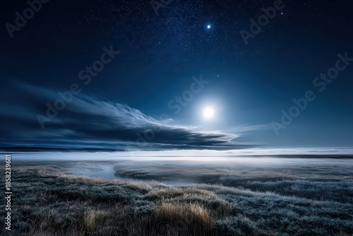 Moonlit Night Sky Over Grassy Landscape with Wispy Clouds Twinkling Stars and Reflections on Water Dark Blue Hues Serene Ambiance