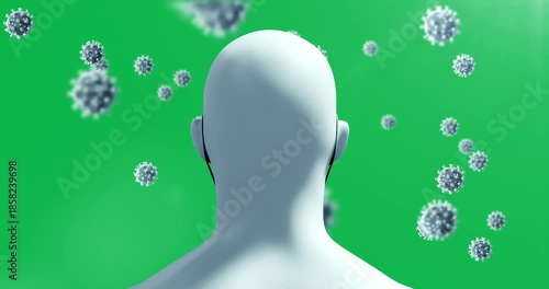 Animation of macro Covid-19 cells floating around a 3D human face with a mask in a blue background