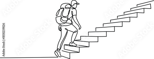 Hiker with backpack climbing stairs, continuous line drawing, isolated Vector