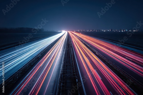 Night Time Long Exposure of Highway Traffic with Red and Blue Streaks