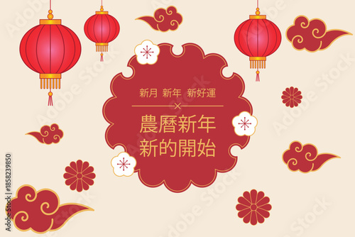 Chinese lunar new year modern design with clouds, lanterns, fireworks and elements for Chinese holidays, greeting card, social media, banner, template, e-mail signature, business card, visiting card