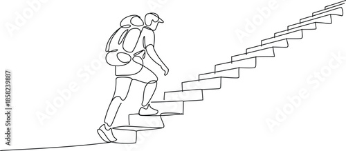 Man climbing stairs with backpack, single line art, minimalist, determination Vector