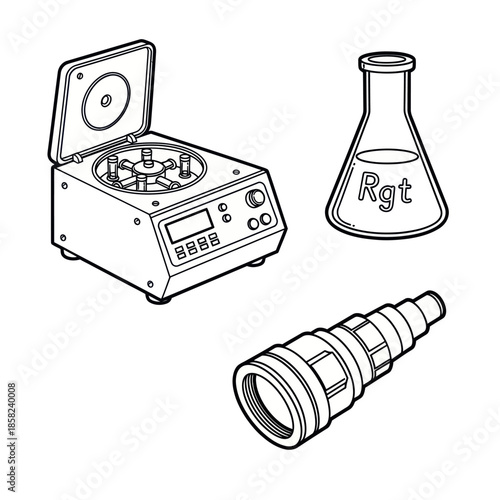 A collection of scientific laboratory equipment icons, including a centrifuge, reagent flask, and microscope eyepiece, in a black and white line art style.