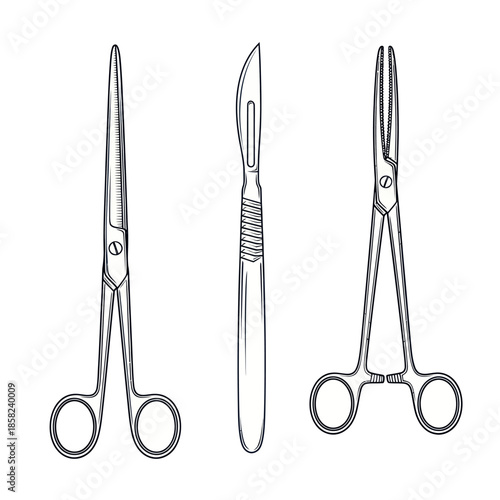 A collection of surgical instruments including a scalpel, forceps, and scissors in a line art style.