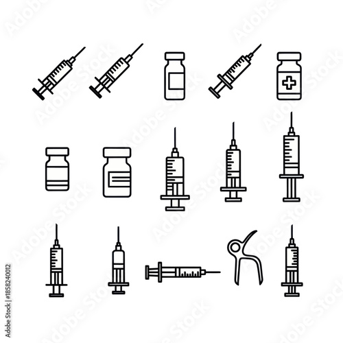 A collection of medical icons featuring syringes, vials, and instruments for vaccination and injection, rendered in a simple black line art style.