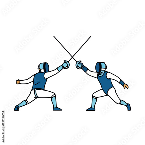 A colored line drawing of two fencers in blue and white uniforms engaged in a duel with crossed swords.