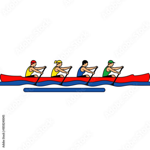 A colorful cartoon illustration of a four-person canoe team paddling in a red boat.