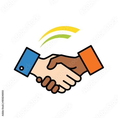 A colorful icon of a diverse, multiracial handshake representing partnership and agreement.