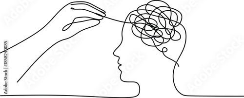 Line art of a hand untangling a messy thought process inside head Vector