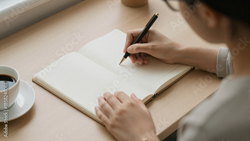 Woman Journaling at Desk with Coffee in Cozy Light