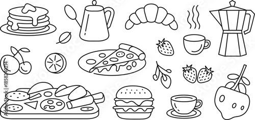 Breakfast and fast food icons collection: pancakes, coffee, pizza, burger Vector