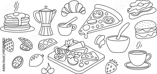 Assorted breakfast and lunch food items doodle art illustration Vector