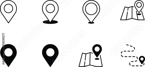 Location pin and map navigation icon set, GPS pointer symbols, travel destination markers, route tracking line elements for web
