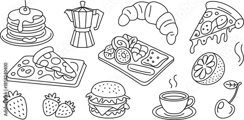 Assorted breakfast and fast food items doodle art illustration Vector