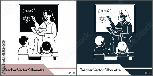 Female Teacher Teaching Science Lesson in Classroom Vector Silhouette Illustration