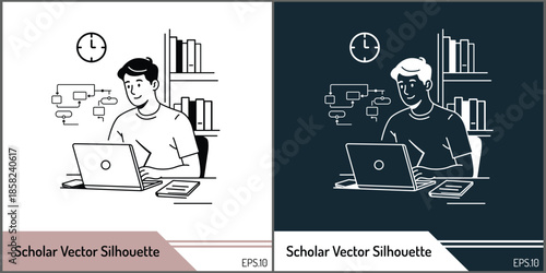 Scholar Studying and Working on Laptop at Home Office Vector Illustration