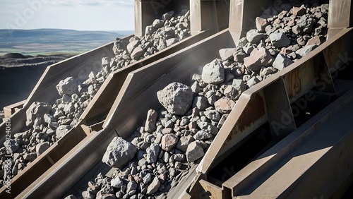 Industrial mining conveyor belts transporting rocks in a quarry
