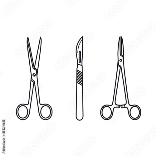 A set of surgical instruments including scissors, a scalpel, and forceps, depicted in a simple line art style.