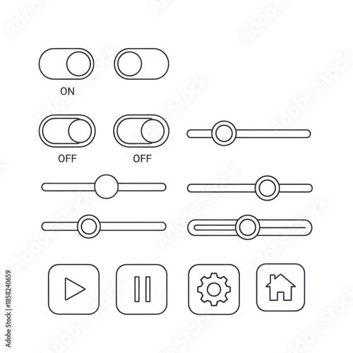 A set of thin line user interface elements, including toggle switches, sliders, and navigation buttons for web and mobile applications.