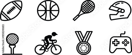 Sports and gaming equipment line icon set, football, basketball, tennis, racing helmet, golf, cycling, medal, and controller symbols
