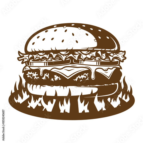 Vintage Brown illustration of a hamburger with flames around the bottom on white background