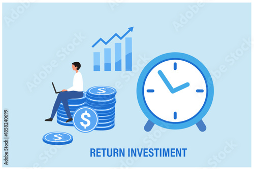 Businessman invest money. Man managing financial chart, ROI, return on investment, financial solutions vector illustration 