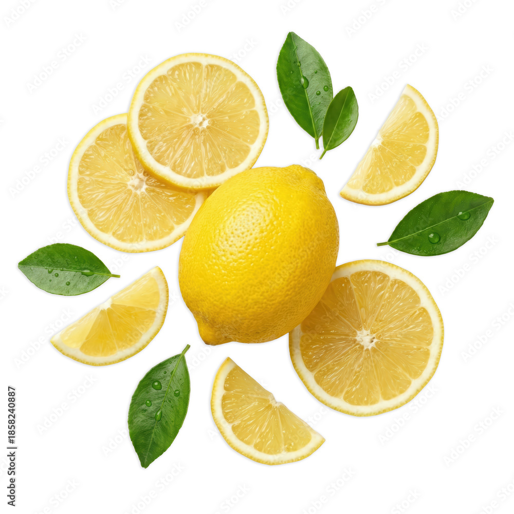Fototapeta premium Fresh Lemon with Slices and Green Leaves – Isolated on Transparent Background