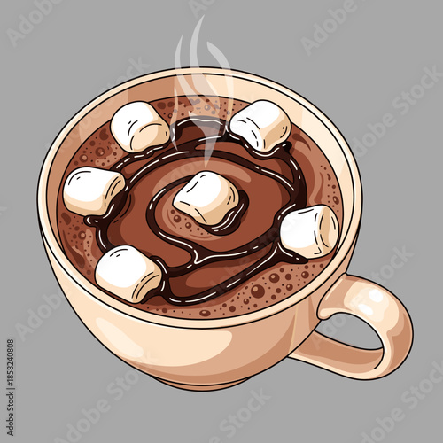 Steaming Hot Chocolate Mug with Fluffy Marshmallows and Chocolate Drizzle Illustration
