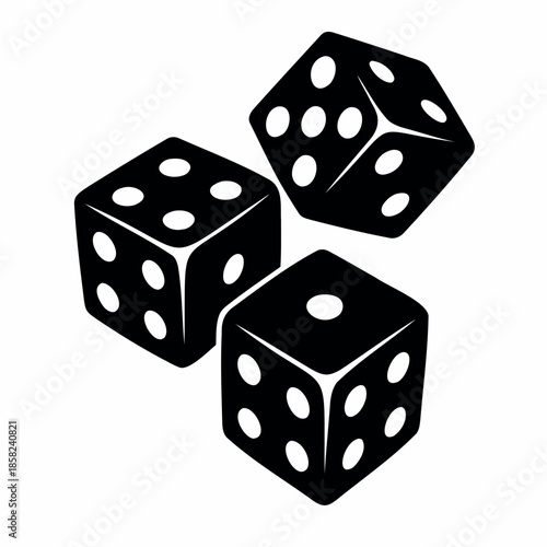 Three black dice showing different faces in a cluster