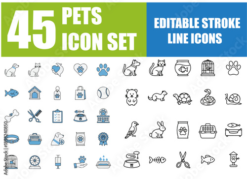 Pets and Animal Care Line Icons Set, Editable Stroke Vector Illustration of Dog, Cat, Vet Clinic, Grooming, Adoption, Paw Print, Food, Fish, Bird and Pet Shop Symbols
