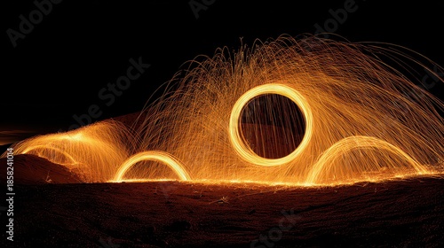 Spectacular Fire Performance with Circular Arcs of Golden Sparks in Dark Background Creating an Ethereal and Mesmerizing Display of Light and Movement