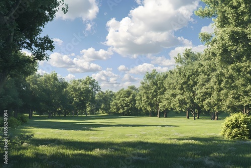 Lush Green Grass and Vibrant Trees in Tranquil Park Sunlight on a Bright Day Landscape background