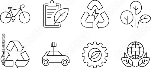 Ecology and green energy line icon set, recycle symbols, electric car, bicycle, renewable nature environment, sustainable lifestyle elements
